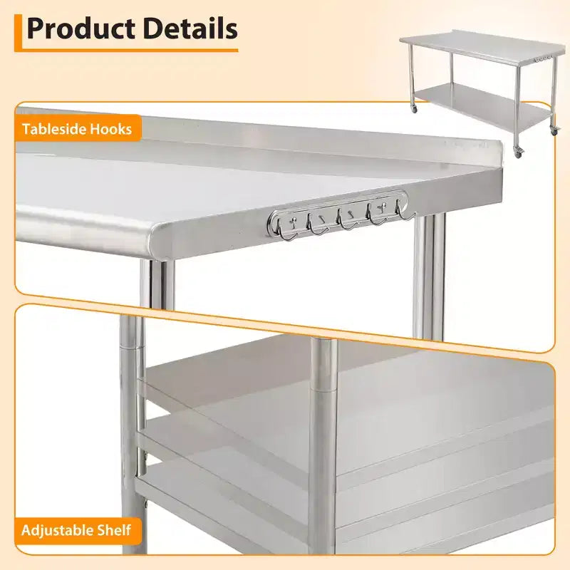 Stainless Steel Commercial Kitchen Worktable with Undershelf, Heavy-Duty Metal Prep Station