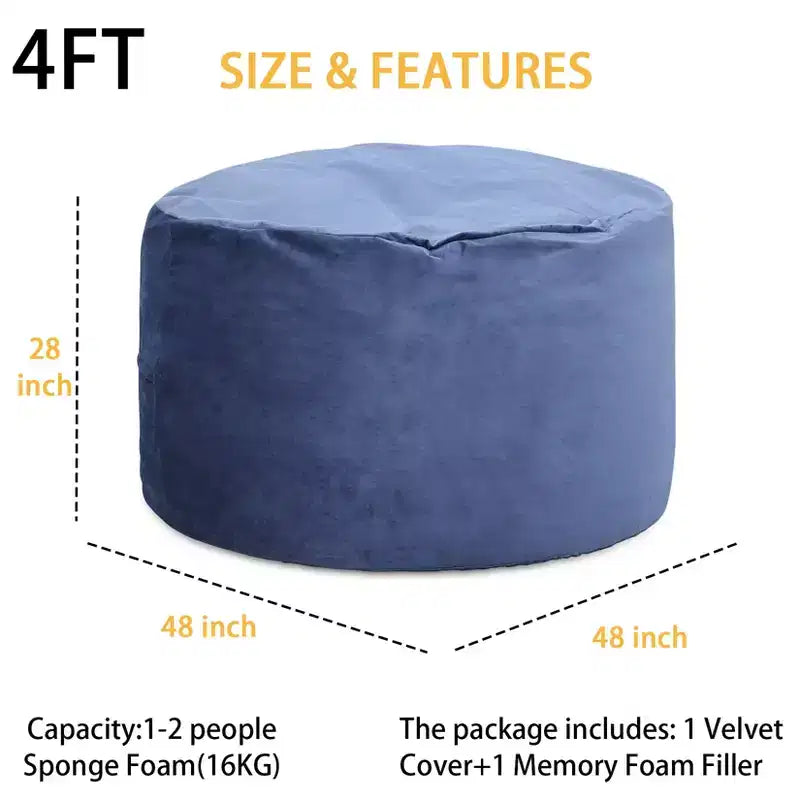 3-Foot Memory Foam Bean Bag Chair, Soft Dutch Velvet Round Sofa with Filling Included, for Adults