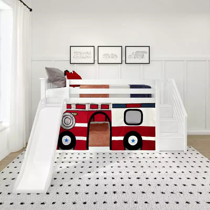Low Twin over Twin Bunk Bed with Stairs, Easy Slide & Firetruck Curtain, Solid Wood, White