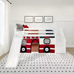 Low Twin over Twin Bunk Bed with Stairs, Easy Slide & Firetruck Curtain, Solid Wood, White