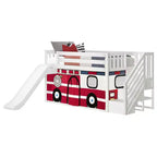 Low Twin over Twin Bunk Bed with Stairs, Easy Slide & Firetruck Curtain, Solid Wood, White