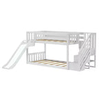 Low Twin over Twin Bunk Bed with Stairs, Easy Slide & Firetruck Curtain, Solid Wood, White