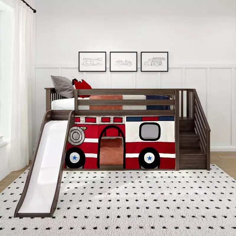 Low Twin over Twin Bunk Bed with Stairs, Easy Slide & Firetruck Curtain, Solid Wood, White