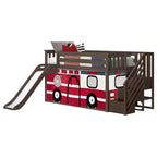 Low Twin over Twin Bunk Bed with Stairs, Easy Slide & Firetruck Curtain, Solid Wood, White