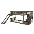 Low Twin over Twin Bunk Bed with Stairs, Easy Slide & Firetruck Curtain, Solid Wood, White