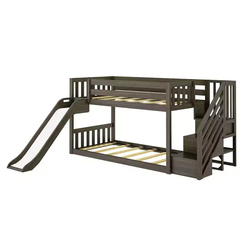 Low Twin over Twin Bunk Bed with Stairs, Easy Slide & Firetruck Curtain, Solid Wood, White