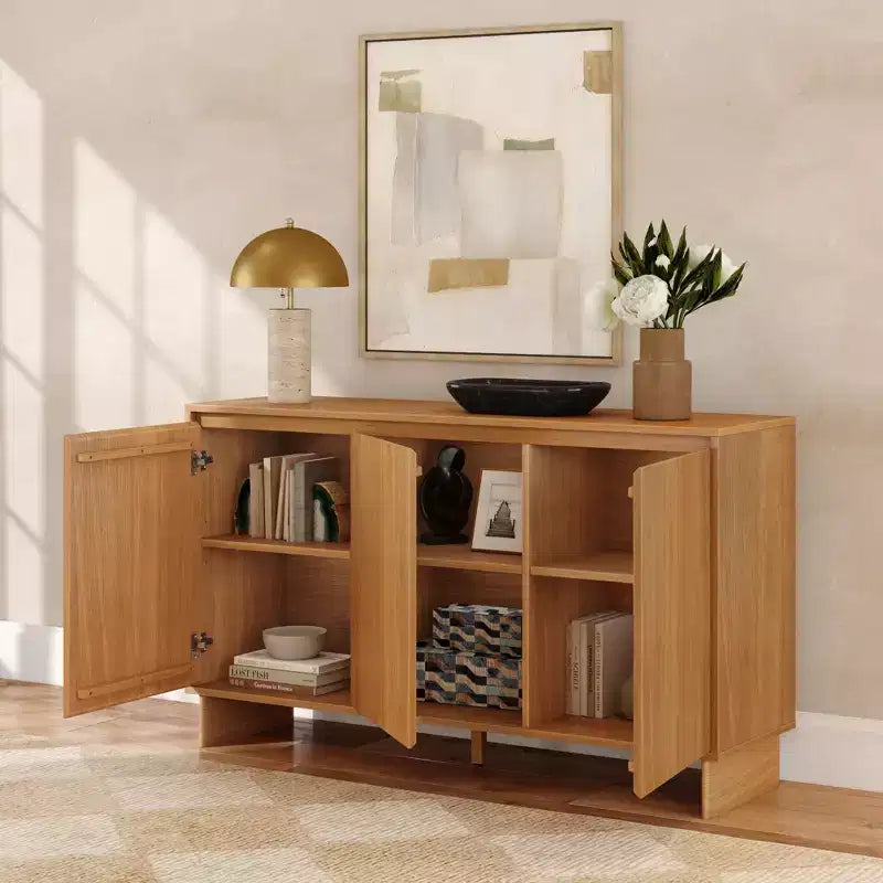 Modern 3-Door Solid Pine Sideboard Cabinet with Soft-Close Doors & Adjustable Shelves, 59"W