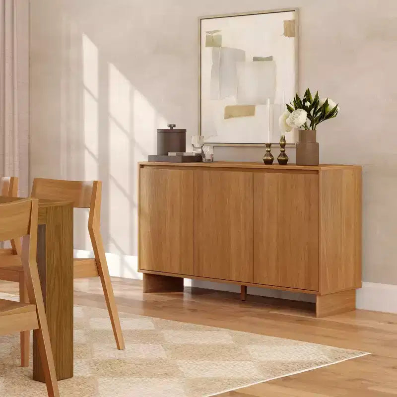 Modern 3-Door Solid Pine Sideboard Cabinet with Soft-Close Doors & Adjustable Shelves, 59"W