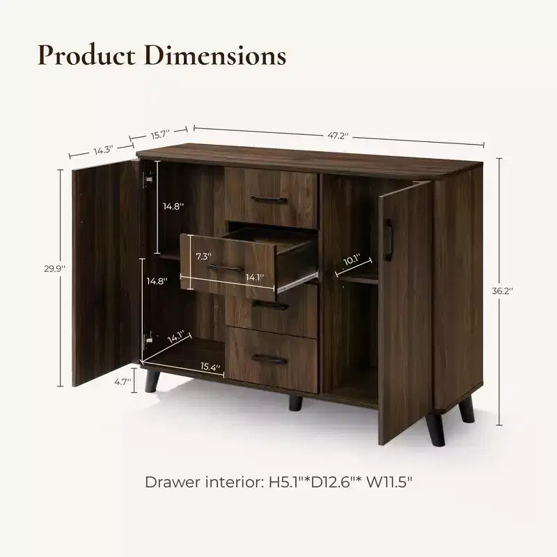 47.2"W Mid-Century Accent Cabinet with 2 Doors & 4 Drawers, Dark Walnut, Living Room Storage