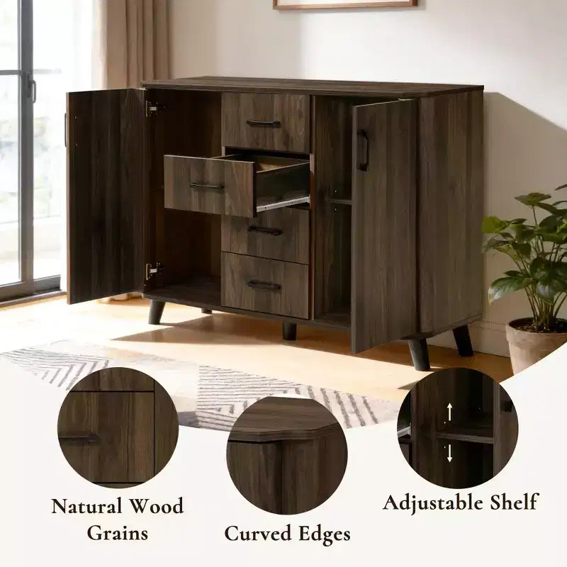 47.2"W Mid-Century Accent Cabinet with 2 Doors & 4 Drawers, Dark Walnut, Living Room Storage