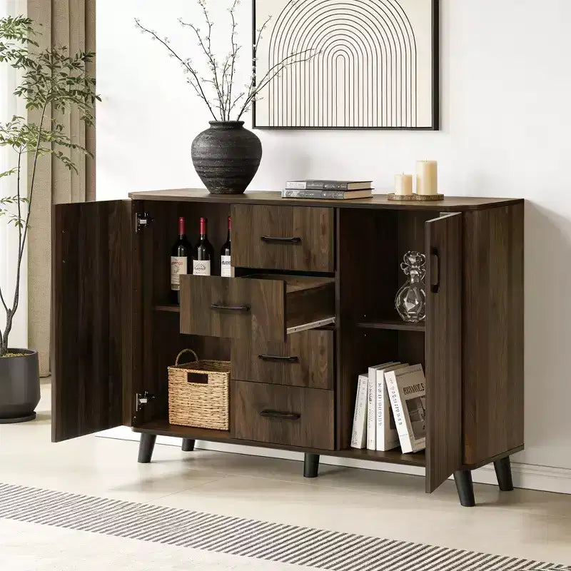 47.2"W Mid-Century Accent Cabinet with 2 Doors & 4 Drawers, Dark Walnut, Living Room Storage