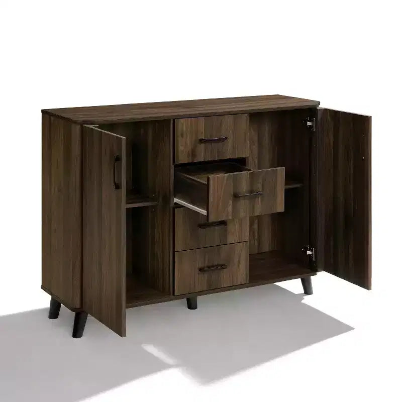 47.2"W Mid-Century Accent Cabinet with 2 Doors & 4 Drawers, Dark Walnut, Living Room Storage