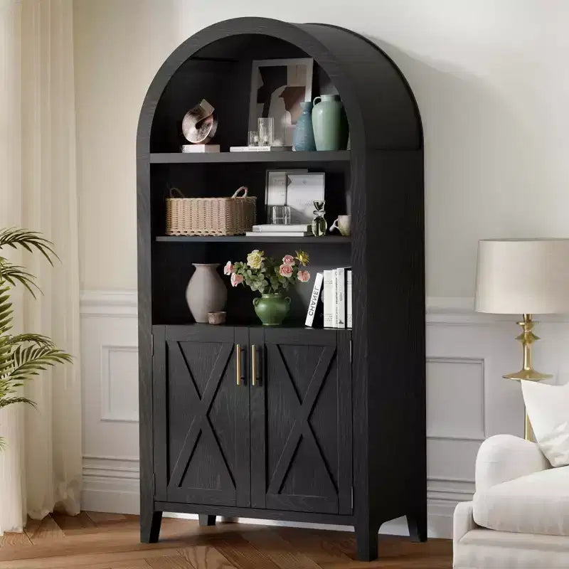 63" Arched 5-Tier Bookcase Storage Cabinet with Beech Wood Barn Doors & Adjustable Shelves