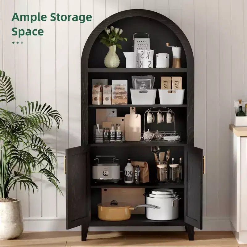 63" Arched 5-Tier Bookcase Storage Cabinet with Beech Wood Barn Doors & Adjustable Shelves