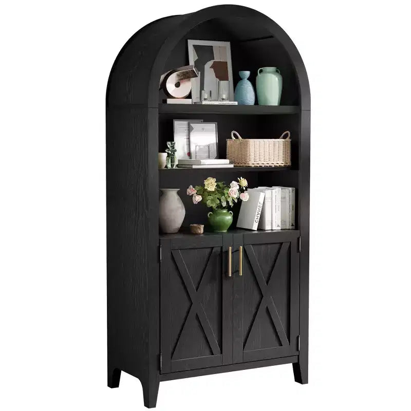 63" Arched 5-Tier Bookcase Storage Cabinet with Beech Wood Barn Doors & Adjustable Shelves