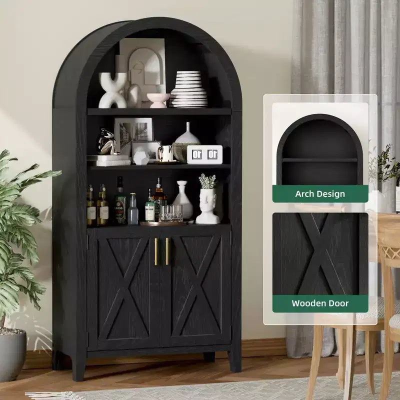 63" Arched 5-Tier Bookcase Storage Cabinet with Beech Wood Barn Doors & Adjustable Shelves
