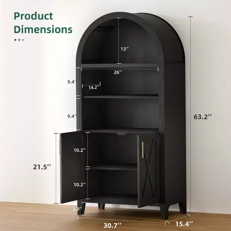 63" Arched 5-Tier Bookcase Storage Cabinet with Beech Wood Barn Doors & Adjustable Shelves