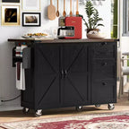 54.5" Farmhouse Kitchen Island with Power Outlet, 3 Drawers, Built-in Shelves & Locking Wheels
