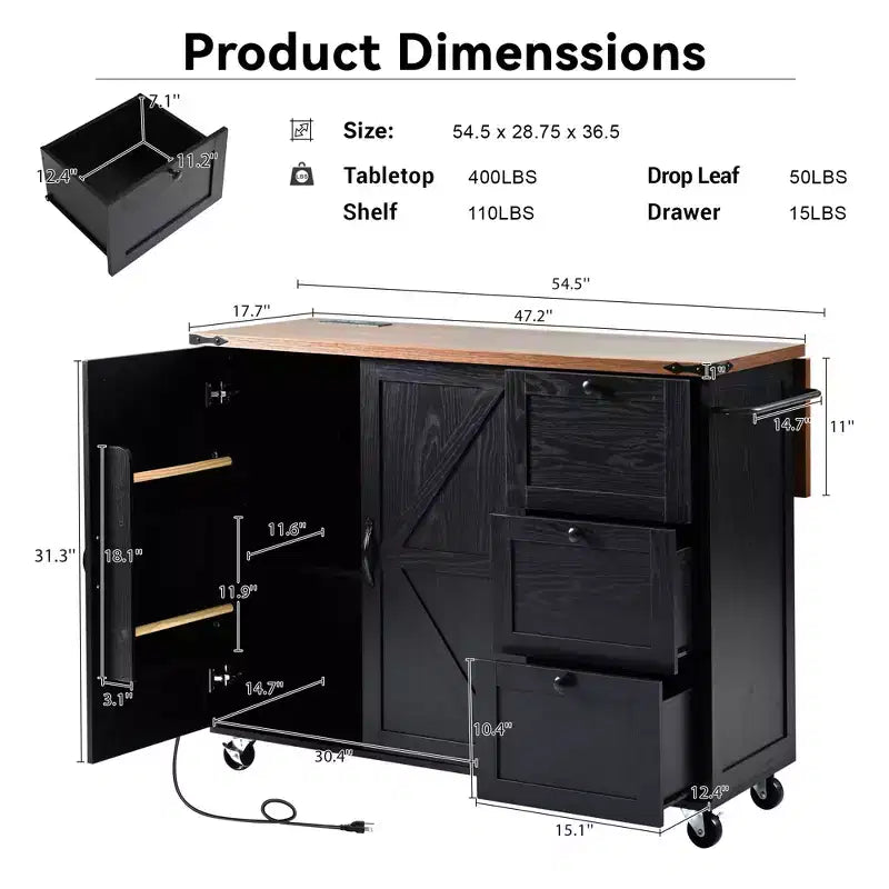 54.5" Farmhouse Kitchen Island with Power Outlet, 3 Drawers, Built-in Shelves & Locking Wheels