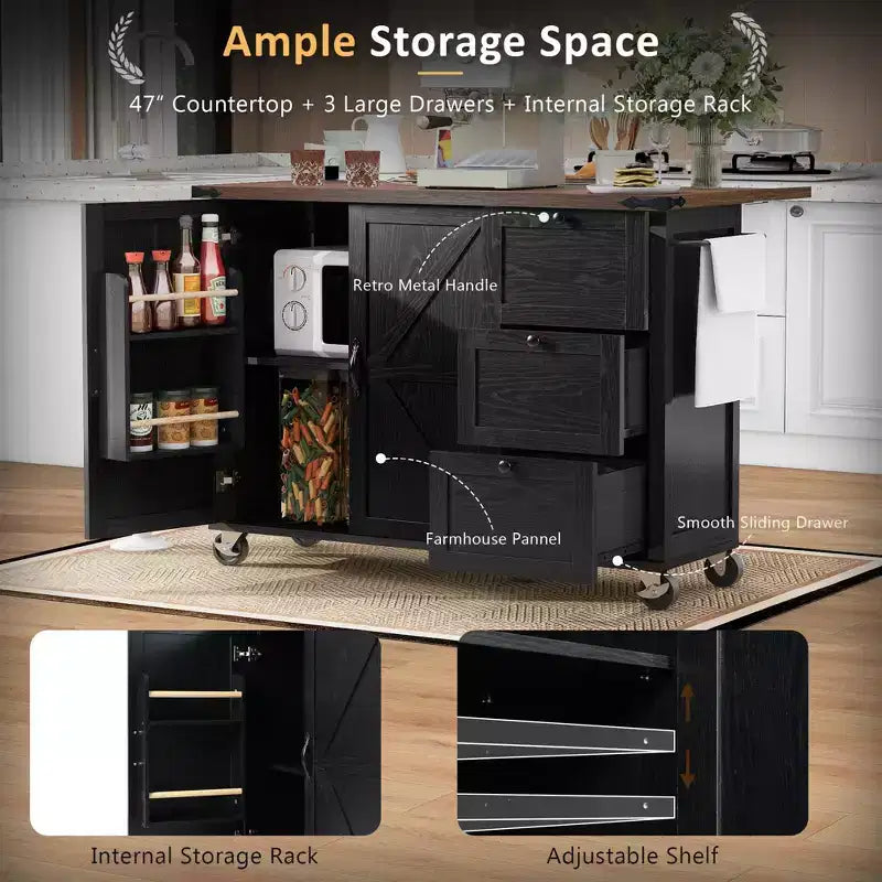 54.5" Farmhouse Kitchen Island with Power Outlet, 3 Drawers, Built-in Shelves & Locking Wheels