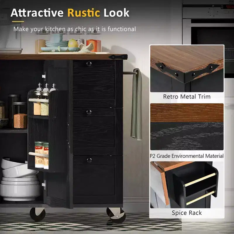 54.5" Farmhouse Kitchen Island with Power Outlet, 3 Drawers, Built-in Shelves & Locking Wheels