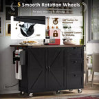 54.5" Farmhouse Kitchen Island with Power Outlet, 3 Drawers, Built-in Shelves & Locking Wheels