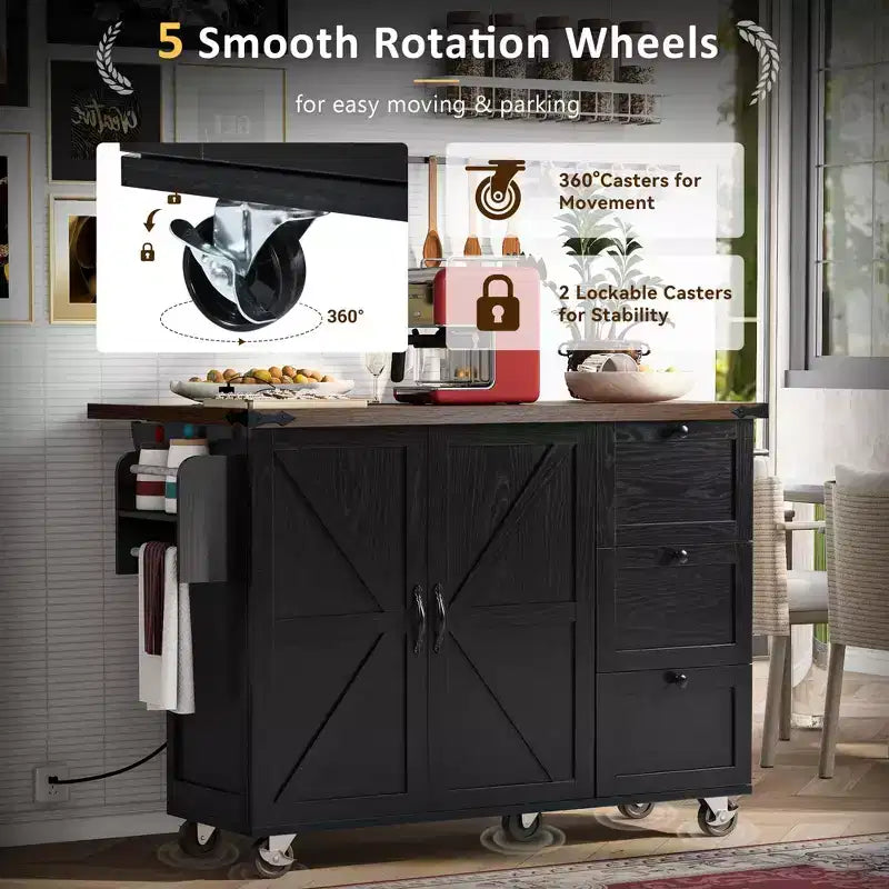54.5" Farmhouse Kitchen Island with Power Outlet, 3 Drawers, Built-in Shelves & Locking Wheels