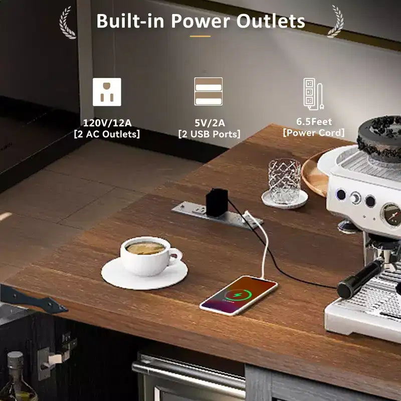 54.5" Farmhouse Kitchen Island with Power Outlet, 3 Drawers, Built-in Shelves & Locking Wheels