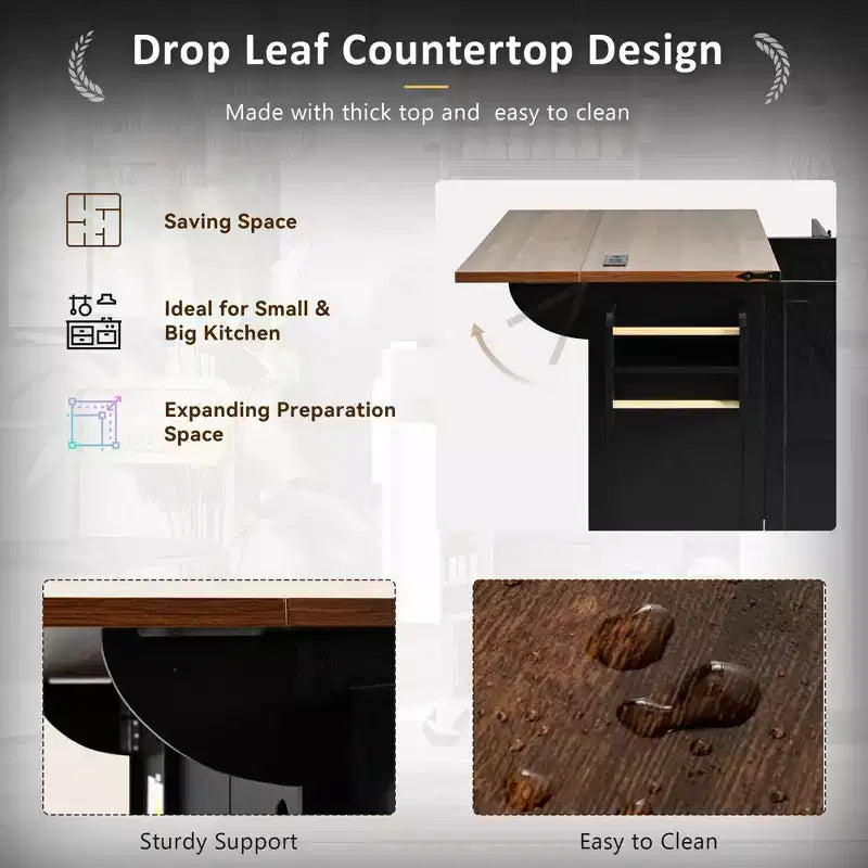 54.5" Farmhouse Kitchen Island with Power Outlet, 3 Drawers, Built-in Shelves & Locking Wheels