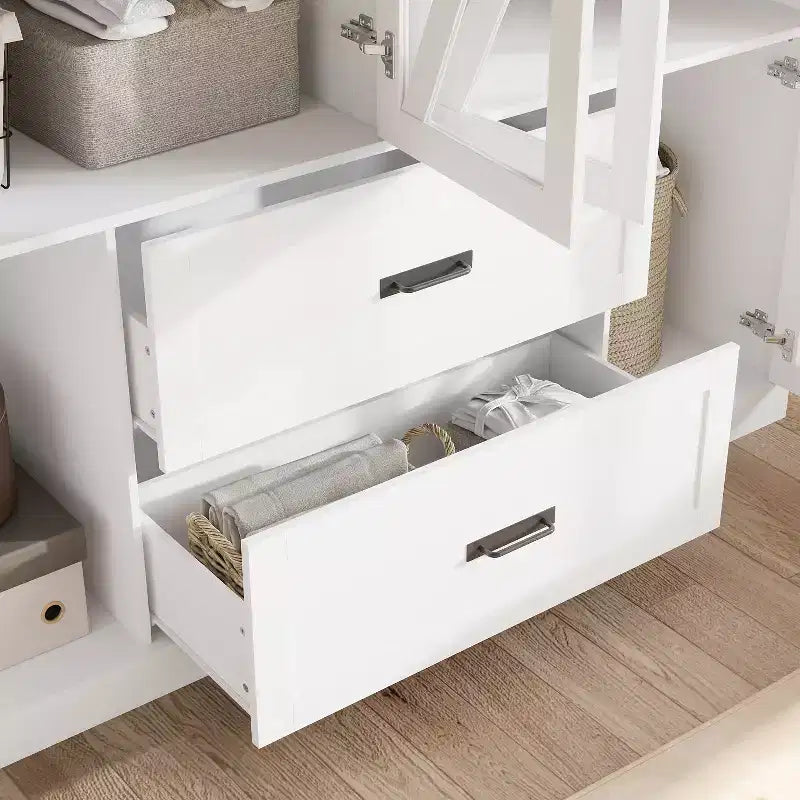 Farmhouse White 4-Door Wardrobe with 3-Color LED Lighting, Hanging Rod & Drawer Storage Armoire