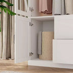 Farmhouse White 4-Door Wardrobe with 3-Color LED Lighting, Hanging Rod & Drawer Storage Armoire