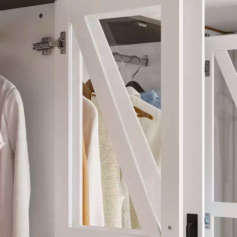 Farmhouse White 4-Door Wardrobe with 3-Color LED Lighting, Hanging Rod & Drawer Storage Armoire