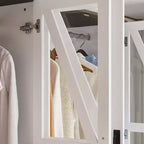 Farmhouse White 4-Door Wardrobe with 3-Color LED Lighting, Hanging Rod & Drawer Storage Armoire