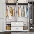 Farmhouse White 4-Door Wardrobe with 3-Color LED Lighting, Hanging Rod & Drawer Storage Armoire
