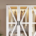 Farmhouse White 4-Door Wardrobe with 3-Color LED Lighting, Hanging Rod & Drawer Storage Armoire