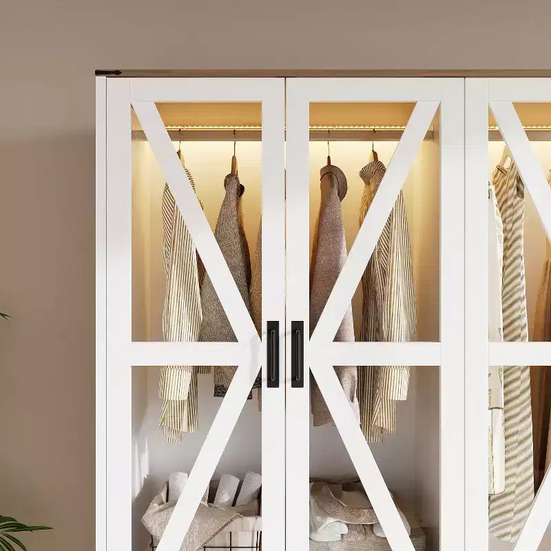 Farmhouse White 4-Door Wardrobe with 3-Color LED Lighting, Hanging Rod & Drawer Storage Armoire
