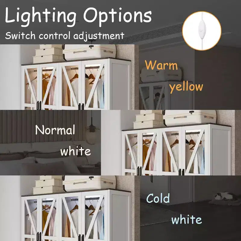 Farmhouse White 4-Door Wardrobe with 3-Color LED Lighting, Hanging Rod & Drawer Storage Armoire