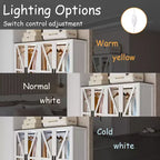 Farmhouse White 4-Door Wardrobe with 3-Color LED Lighting, Hanging Rod & Drawer Storage Armoire