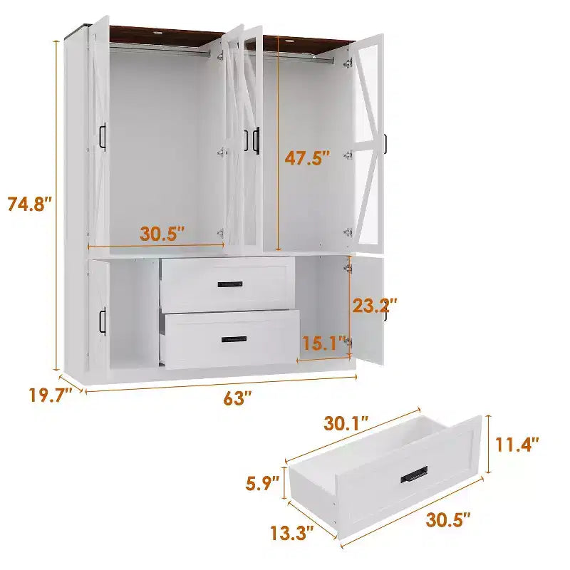 Farmhouse White 4-Door Wardrobe with 3-Color LED Lighting, Hanging Rod & Drawer Storage Armoire