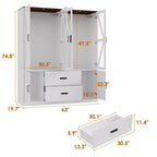 Farmhouse White 4-Door Wardrobe with 3-Color LED Lighting, Hanging Rod & Drawer Storage Armoire