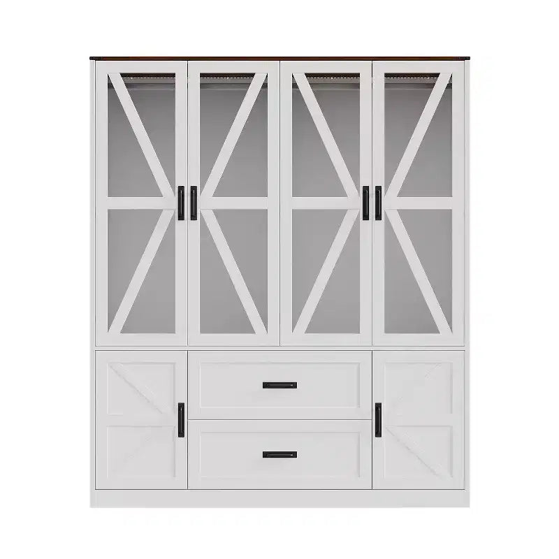 Farmhouse White 4-Door Wardrobe with 3-Color LED Lighting, Hanging Rod & Drawer Storage Armoire