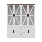 Farmhouse White 4-Door Wardrobe with 3-Color LED Lighting, Hanging Rod & Drawer Storage Armoire