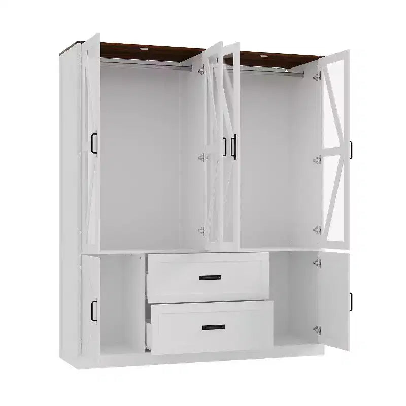 Farmhouse White 4-Door Wardrobe with 3-Color LED Lighting, Hanging Rod & Drawer Storage Armoire