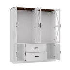 Farmhouse White 4-Door Wardrobe with 3-Color LED Lighting, Hanging Rod & Drawer Storage Armoire