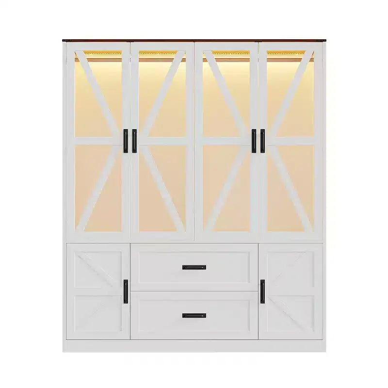 Farmhouse White 4-Door Wardrobe with 3-Color LED Lighting, Hanging Rod & Drawer Storage Armoire