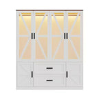 Farmhouse White 4-Door Wardrobe with 3-Color LED Lighting, Hanging Rod & Drawer Storage Armoire