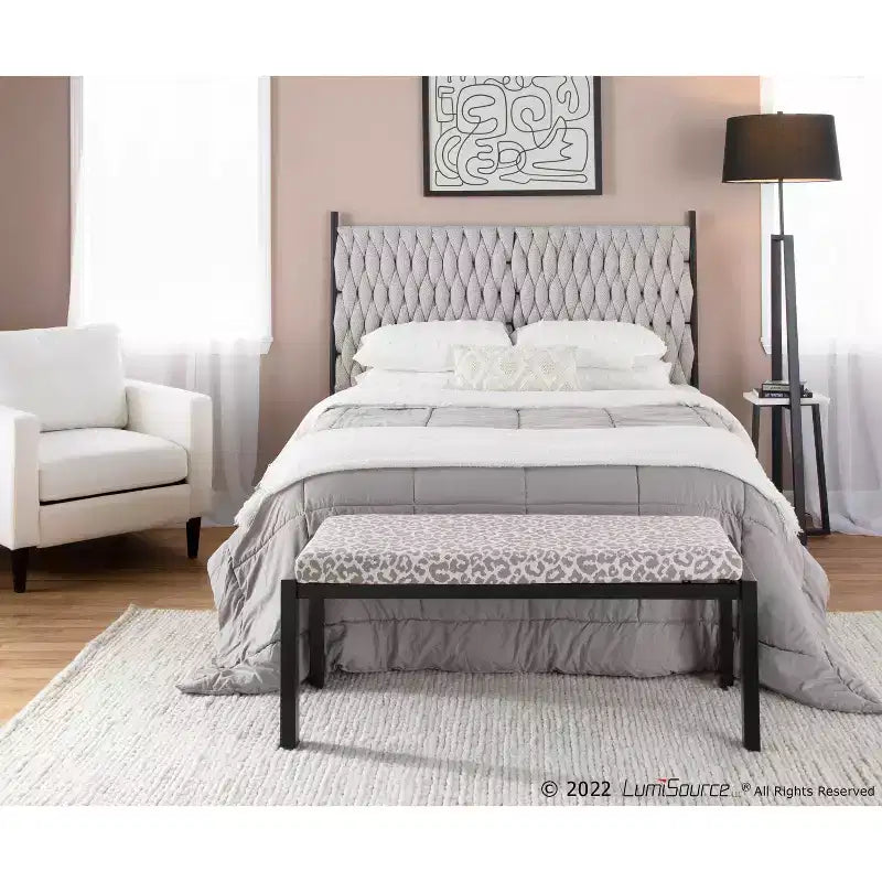 Queen Braided Tufted Headboard, Polyester Upholstery & Metal Frame, Black/Cream