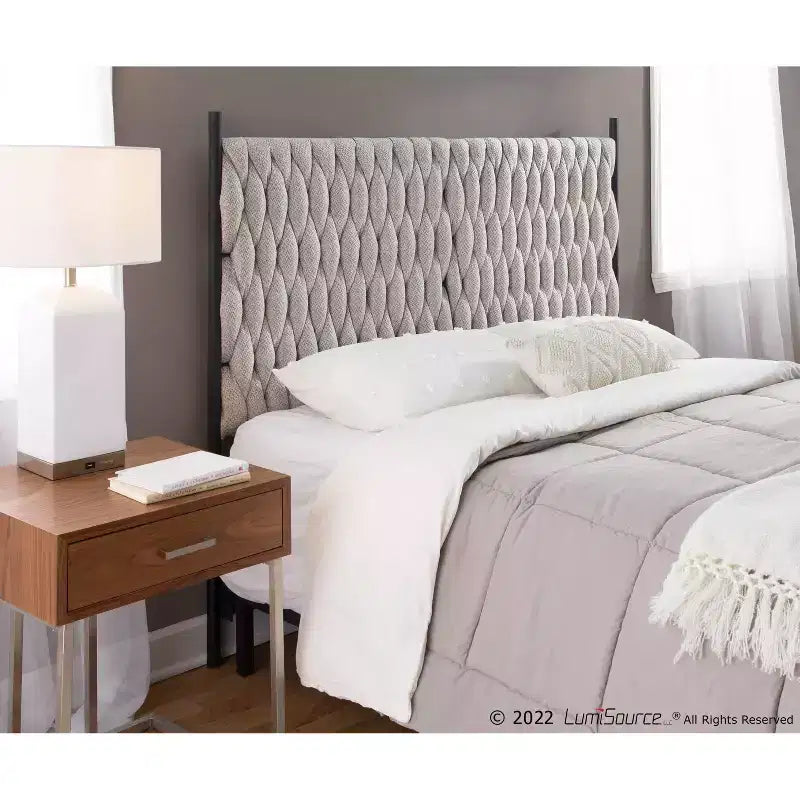 Queen Braided Tufted Headboard, Polyester Upholstery & Metal Frame, Black/Cream
