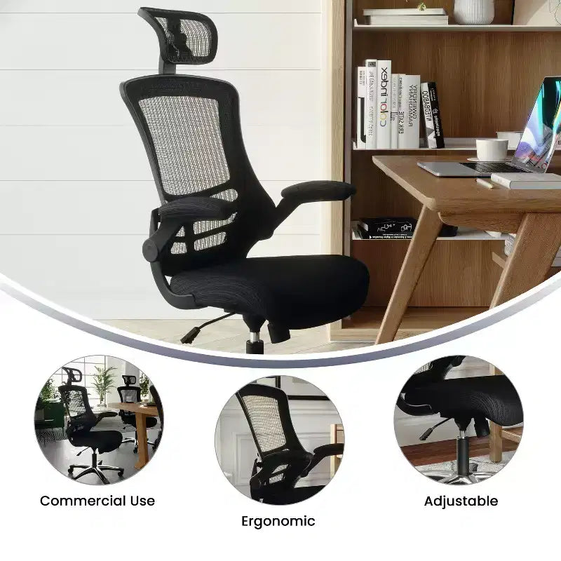 High-Back Black Mesh Swivel Ergonomic Executive Office Chair with Flip-Up Arms & Adjustable Headrest
