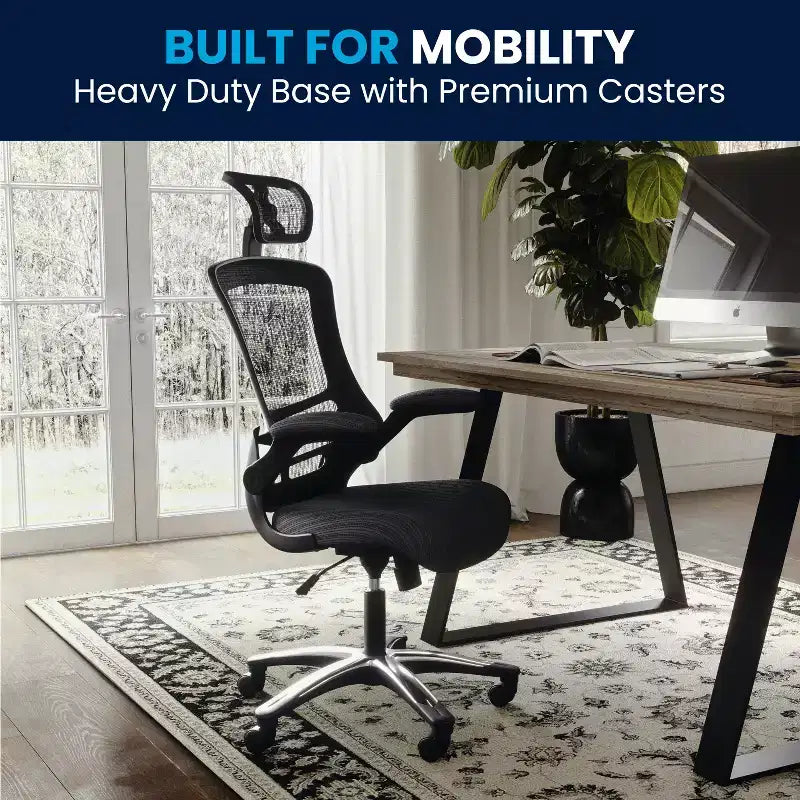 High-Back Black Mesh Swivel Ergonomic Executive Office Chair with Flip-Up Arms & Adjustable Headrest